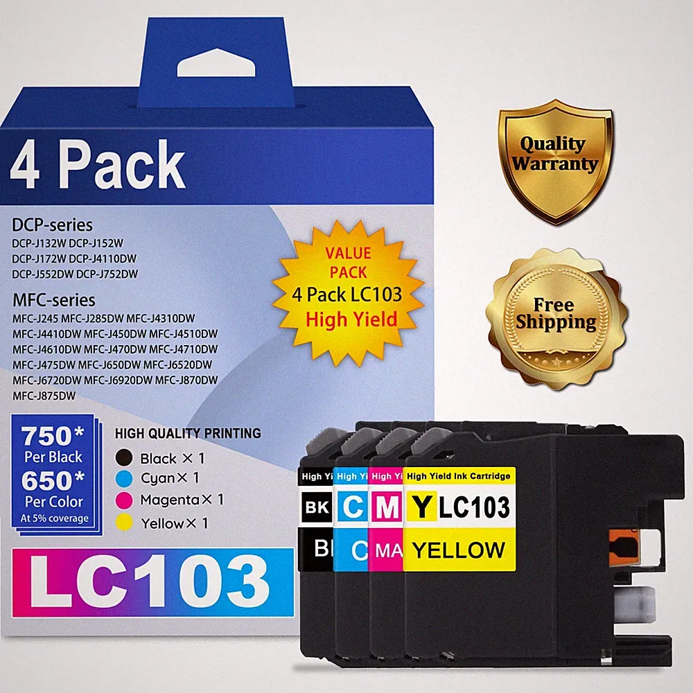 LC103 High Yield Ink (4-Pack: BK, C, M, Y) Compatible with Brother Printers